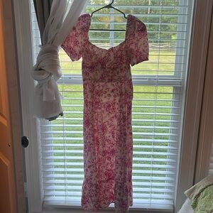 White and pink canvas material semi puff sleeve rounded square neck maxi dress.